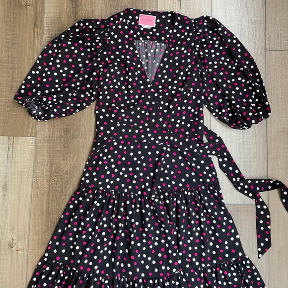 Kate Spade Glimmer Polka Dot Midi Wrap Dress Sz XS / 2 - Black Pink Flowy Preppy - Picture 9 of 13